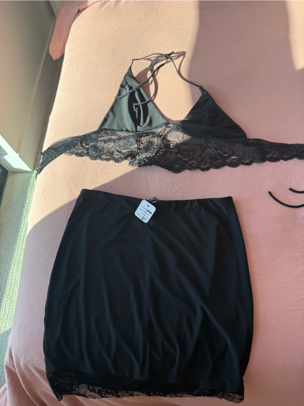 Fashion Nova Black Lace-Trim Mini Skirt matching set